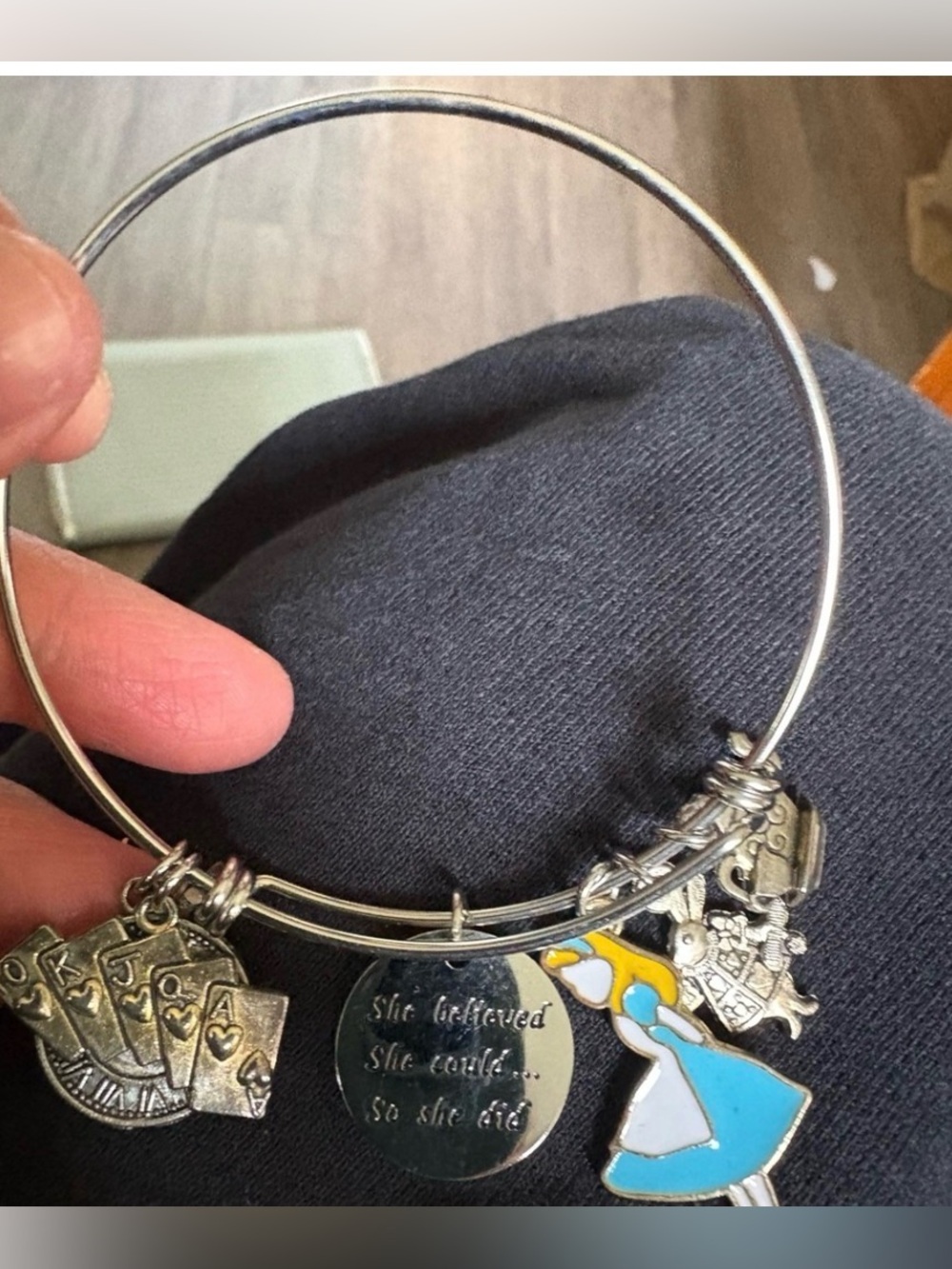 Inspirational Alice Charm Bangle Bracelet in Silver and Blue - Picture 3 of 3